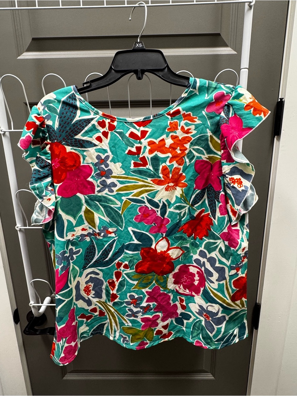 SHEIN Teal Floral Ruffle Sleeve Blouse